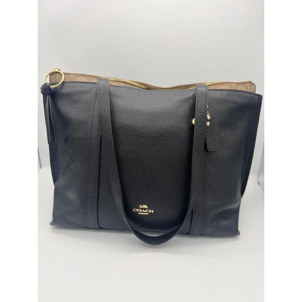 Coach May Tote in Refined Pebble Leather with Signature Canvas Detail - Black